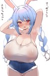 areola_outline armpit_musk big_breasts blue_hair blush blush_lines bodily_fluids bottomwear braided_hair breasts cleavage clothed clothing dialogue female hair hands_behind_head huge_breasts long_hair looking_at_viewer multicolored_hair musk nipple_outline open_mouth presenting_armpit pupils red_eyes shorts simple_background solo standing steam sweat text thick_thighs unusual_pupils white_hair zazami_d hololive vtuber usada_pekora animal_humanoid humanoid lagomorph lagomorph_humanoid leporid_humanoid mammal mammal_humanoid rabbit_humanoid absurd_res hi_res japanese_text