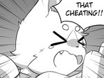 >_< anthro cheek_tuft eyes_closed facial_tuft fangs male open_mouth solo speech_bubble teeth text tongue tuft kimacats kima_(kimacats) domestic_cat felid feline felis mammal 2020 english_text monochrome reaction_image