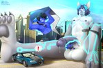 anthro big_penis black_markings blue_body blue_fur blue_hair blue_markings bodily_fluids car cheek_tuft city city_background cityscape collar dripping duo ears_back erection facial_tuft fur genital_fluids genitals grey_body grey_fur grey_pawpads hair hair_over_eye half-closed_eyes half-erect holding_penis huge_penis humanoid_genitalia humanoid_penis macro male male/male markings muscular muscular_anthro muscular_male narrowed_eyes nude one_eye_obstructed pawpads paws penis pivoted_ears precum precum_drip precum_string smile smirk smug smug_face smug_grin tuft vehicle vein veiny_penis mila.moraes bugatti bugatti_veyron canid canine canis domestic_cat felid feline felis mammal siamese wolf