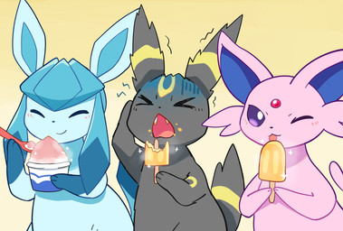 ambiguous_gender black_body blue_body brain_freeze dessert eating eating_ice_cream fangs feral food forehead_gem gem group happy headache holding_food holding_ice_cream holding_object ice_cream markings one_eye_closed open_mouth pink_body pupils purple_eyes simple_background tail teeth tongue tongue_out trio white_pupils yellow_markings komanyachi nintendo pokemon eeveelution espeon generation_2_pokemon generation_4_pokemon glaceon pokemon_(species) umbreon colored digital_drawing_(artwork) digital_media_(artwork) hi_res shaded