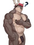 abs alternate_form anthro antlers arm_tattoo balls biceps black_hair blue_eyes body_hair chest_hair deltoids flaccid forearm_muscles fur genitals grey_body grey_fur hair highlights_(coloring) horn male multicolored_body multicolored_fur nipples nude pec_grab pecs penis pink_highlights question_mark solo stubble tan_body tan_fur tattoo two_tone_body two_tone_fur imato husky_(husky92) deer mammal new_world_deer reindeer 2024 hi_res