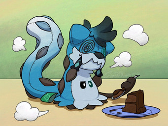 after_transformation air_puff ambiguous_gender blue_body cake cake_slice candy chocolate chocolate_cake cutlery dessert fake_fangs feral food gradient_background heterochromia holding_spoon kitchen_utensils long_tail plate plushie plushie_tag simple_background solo spoon stitch_(sewing) tail tools crizbn nintendo pokemon animate_inanimate chien-pao generation_7_pokemon generation_9_pokemon legendary_pokemon living_plushie mimikyu pokemon_(species) 2025 4:3