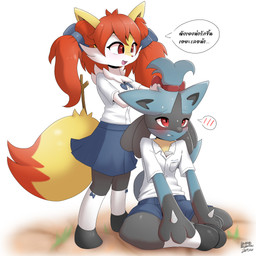 anthro blush clothed clothing dialogue duo female male pokemorph speech_bubble text kittypeller nintendo pokemon braixen generation_4_pokemon generation_6_pokemon lucario pokemon_(species) 1:1 hi_res translation_request