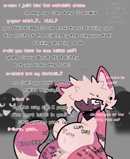 :3 after_sex anthro black_collar black_eyes black_nose black_text blush bodily_fluids body_writing clothing clothing_theft collar collar_only confusion count cum cum_inflation cum_inside dialogue directional_arrow embarrassed eyes_closed femboy fur genital_fluids genitals grey_background group impregnation inflation male male/male male_anthro male_impregnation marker multiple_orgasms navel nude nude_male number_on_body open_mouth orgasm orgasm_count party party_sex penis phone_number piercing pink_text profanity sex simple_background sitting sleep_sex sleeping sleepover smudged_body_writing smug_face stealing stuttering sweat sweatdrop tail talking_to_another tally_marks text thoughts white_text woken_up worried_look purrmaxxing glue_(purrmaxxing) domestic_cat felid feline felis mammal 2025 english_text hi_res