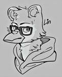 anthro beak cheek_tuft clothing eyewear facial_tuft glasses hair head_tuft hoodie male mouth_closed neck_tuft short_hair simple_background solo topwear tuft 100racs mythology avian gryphon mythological_avian mythological_creature bust_portrait hi_res monochrome portrait