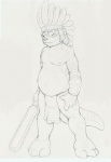 anthro belly bottomwear clothing fangs holding_macuahuitl holding_melee_weapon holding_object holding_weapon loincloth macuahuitl male melee_weapon navel overweight overweight_anthro overweight_male solo tail tattoo teeth tribal weapon ollie_canal lutrai mammal mustelid otter graphite_(artwork) monochrome sketch traditional_media_(artwork)