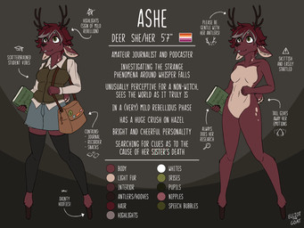 accessory anthro antlers black_clothing black_leggings black_legwear book bottomwear breasts clothing collared_shirt color_swatch deer_ears denim denim_bottomwear denim_clothing denim_skirt dress_shirt eyelashes featureless_breasts featureless_crotch female freckled_face freckles fur green_clothing green_eyes green_topwear green_vest grey_highlights hair highlights_(coloring) holding_book holding_object hooves horn key leggings legwear lesbian_pride_colors lgbt_pride long_eyelashes markings multicolored_body multicolored_fur nude nude_anthro nude_female off/on pin_accessory pin_button pride_colors red_hair scut_tail shirt short_tail shoulder_bag skirt solo spots spotted_ears spotted_hips spotted_legs spotted_markings spotted_neck spotted_tail tail tail_markings text topwear two_tone_body two_tone_fur vest espressothegoat ashe_(espressothegoat) deer mammal 4:3 english_text hi_res model_sheet