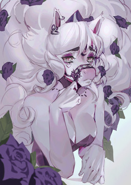 anthro breasts clothed clothing ear_piercing ear_ring eyelashes female flower gauged_ear glistening glistening_eyes hair long_hair mouth_closed muzzle_(object) muzzled narrowed_eyes piercing plant purple_flower ring_piercing simple_background solo topwear unsigned white_background white_body white_breasts white_eyes white_hair shermugi equid equine horse mammal 2022 hi_res