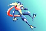 ambiguous_gender anthro blue_body feet gradient_background leg_markings long_tongue markings membrane_(anatomy) open_mouth red_eyes shocked simple_background solo toes tongue webbed_feet e1ectronicchimera nintendo pokemon generation_6_pokemon greninja pokemon_(species) 2015 digital_media_(artwork)