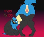 anthro anus bent_over big_breasts black_body black_fur blue_body blue_fur breasts female fur genitals gradient_background heart_symbol interaction_drive looking_at_viewer open_mouth presenting presenting_pussy pussy simple_background smile solo tail yellow_eyes smort_bee nintendo pokemon generation_4_pokemon lucario pokemon_(species) hi_res