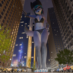 anthro bra city clothing female lights macro panties standing underwear mrfreeman98 kaylafox_(modeler) raven_(kaylafox) canid canine canis mammal wolf absurd_res hi_res