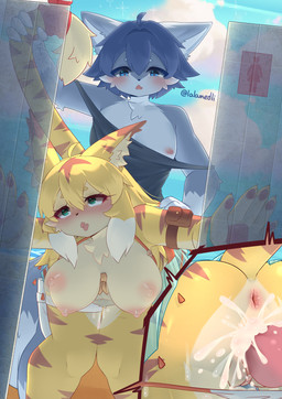 4_fingers 5_fingers against_surface anthro anus beach blonde_hair blue_body blue_eyes blue_fur blue_hair blush bodily_fluids bouncing_breasts bracelet breasts butt clitoris close-up clothed clothing cloud cum cum_from_vagina cum_in_vagina cum_inside cum_on_leg cutaway duo erection female fingers fur genital_fluids genitals green_eyes hair heart_eyes heart_symbol jewelry male male/female motion_lines nipples open_mouth orgasm partially_clothed pawpads penetration penile penile_penetration penis penis_in_vagina pink_nipples public public_sex sand sex shirt standing tail tail_grab tank_top tank_top_aside text topwear underwear underwear_down vaginal vaginal_penetration vulva water yellow_body yellow_fur lalamedli cygames world_flipper mia_(world_flipper) canid canine canis felid mammal pantherine tiger wolf 2025 absurd_res artist_name hi_res