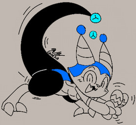 anthro black_body blue_body breasts claws eyebrows eyelashes fangs female grey_background horn leaning leaning_forward long_tail looking_at_viewer maraca musical_instrument open_mouth open_smile percussion_instrument playing_music side_view simple_background small_breasts smile solo tail teeth thick_thighs toe_claws chaokocartoons ambiguous_species 2026 signature sketch