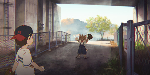 anthro backwards_baseball_cap backwards_hat baseball_cap baseball_glove bridge clothing duo hat headgear headwear kemono looking_at_another male open_mouth overalls pattern_clothing pattern_shirt pattern_topwear playing raised_arms shirt striped_clothing striped_shirt striped_topwear stripes topwear white_clothing white_shirt white_topwear young young_anthro young_human young_male nishiko24 ookami_(nishiko24) canid canine canis human mammal wolf 2021 hi_res japanese_description