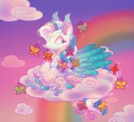 ankle_tuft blue_highlights chibi cloud ear_tuft facial_markings feathered_wings feathers female feral forehead_markings fur hair head_markings heart_(marking) highlights_(coloring) hooves inner_ear_fluff leg_tuft lying mane markings multicolored_hair multicolored_tail on_front pink_highlights rainbow sky smile solo sparkles sparkling_hair sparkling_hooves sparkling_mane sparkling_tail sparkling_wings tail tuft white_body white_fur wings sidruni hasbro mlp_g3 my_little_pony mythology star_catcher_(pre-g4) ambient_arthropod ambient_butterfly ambient_insect arthropod butterfly equid equine insect lepidopteran mammal mythological_creature mythological_equine pegasus hi_res