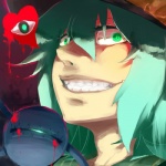 3_eyes blood blood_from_eye bloody_tears bodily_fluids clothing female glowing glowing_eyes green_eyes green_hair grin group hair hat headgear headwear heart_symbol insane multi_eye not_furry rape_face ribbons sharp_teeth smile tears teeth kageusui touhou koishi_komeiji eye_creature human mammal 1:1 digital_media_(artwork) digital_painting_(artwork)