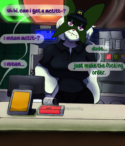 anthro anthrofied big_breasts black_bottomwear black_clothing black_pants black_shirt black_topwear bottomwear breasts cashier clothing computer desk electronics female furniture pants paws pokemorph profanity shirt solo table text topwear microvoltz mcdonald's nintendo pokemon generation_9_pokemon meowscarada pokemon_(species) english_text hi_res