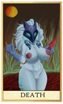 anthro areola blue_eyes blue_markings border breasts card card_template death_(tarot) dildo female fortune_telling fur fur_markings glowing glowing_eyes glowing_markings hair holding_dildo holding_object holding_sex_toy major_arcana markings mask nipples nude pubes sex_toy solo tarot tarot_card white_body white_border white_fur maxim_theos league_of_legends riot_games tencent kindred_(lol) lamb_(lol) bovid caprine mammal sheep colored digital_media_(artwork) hi_res lineless