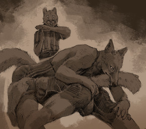 anthro bite bulge butt butt_grab clothed clothing duo hand_on_butt male referee tail tail_bite tail_in_mouth wrestling momamo canid canine canis coyote mammal hi_res