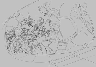 anthro bulge clothed clothing dipstick_ears duo ear_markings facial_markings fur hair head_markings inside male markings messy_hair multicolored_ears narrowed_eyes open_mouth screen short_hair tail oselotti 2023 monochrome sketch