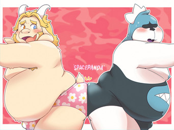 anthro belly big_belly blush butt clothing duo male male/male mature_male moobs nipples open_mouth overweight overweight_male standing underwear white_body spacepanda deltarune undertale_(series) asgore_dreemurr king_spade bovid bovine mammal 2026 4:3 hi_res
