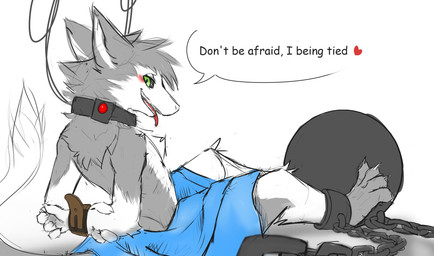 anthro arm_tuft black_sclera blush bound chain chained chest_tuft collar elbow_tuft fur green_eyes grey_body grey_collar grey_fur hands_behind_back hands_tied hands_tied_behind_back knee_tuft leg_tuft looking_at_viewer male multicolored_body multicolored_fur neck_tuft open_mouth open_smile shock_collar simple_background smile solo tail text tongue tongue_out tuft two_tone_body two_tone_fur white_body white_fur kuttoyaki mythology dragon furred_dragon furred_scalie mythological_creature mythological_scalie scalie english_text hi_res