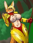 anthro armor big_breasts blonde_hair blood blood_on_body blood_on_hand bodily_fluids bottomwear breasts brown_nose clothing crumbs damaged_armor dessert detailed_background eating eating_food female food fur gauntlets gloves green_eyes hair handwear lips loincloth long_ears messy nipples orange_body orange_fur outside pastry pie pie_slice pink_nipples plant scar shoulder_pads shrub solo stick tan_body tan_fur torn_clothing tree usuario2 izalith_neferith canid canine fox mammal hi_res