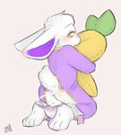 anthro anus blush bodily_fluids butt butt_flap carrot_plushie clothed clothing cum cum_in_ass cum_inside diaper female food_plushie fur genital_fluids genitals holding_object holding_plushie loli looking_at_viewer object_plushie onesie open_diaper open_mouth partially_clothed paws plushie pussy scut_tail short_tail simple_background solo tail vegetable_plushie white_body white_fur young young_anthro maxwtv ave lagomorph leporid mammal rabbit hi_res