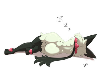 3_toes ambiguous_anthro ambiguous_gender anthro biped butt feet frill_(anatomy) fur glistening glistening_butt green_body green_fur green_mask green_tail hindpaw lying mask neck_frill nude nude_ambiguous nude_anthro on_side pawpads paws pink_pawpads rear_view scut_tail short_tail simple_background sleeping solo sound_effects tail toes vowelless vowelless_sound_effect wearing_mask white_background zzz suru56nee nintendo pokemon felid generation_9_pokemon mammal meowscarada pokemon_(species) 2026 digital_drawing_(artwork) digital_media_(artwork) hi_res signature