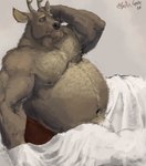 anthro bed bedding bedroom belly_hair blanket body_hair chest_hair clothing furniture getting_up hairy looking_at_viewer male musclegut muscular nipples overweight solo underwear waking_up white_blanket wide_hips pacific_coyote kent_(pacific_coyote) deer mammal 2024 hi_res painting_(artwork) signature