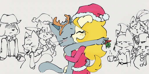 alternative_fashion angel_costume antler_headband beverage blonde_hair bow_tie cheek_tuft christmas_clothing christmas_headwear clothing costume crushing_can eyes_closed face_hidden facial_tuft female flapper flapper_dress fur gesture grey_body grey_fur hair halo hand_gesture happy hat headgear headwear holidays jealous kissing long_hair male mistletoe plant santa_costume santa_hat side_eye smile snowman tan_body tan_fur thumbs_up tuft whiskers unknown_artist bittersweet_candy_bowl christmas amaya_(bcb) daisy_(bcb) david_(bcb) fan_character lucy_(bcb) mike_(bcb) paulo_(bcb) sue_(bcb) bird_dog canid canine canis domestic_cat domestic_dog felid feline felis golden_retriever hunting_dog khao_manee mammal ragamuffin_cat retriever rex_(cat) selkirk_rex somali_cat tabby_cat
