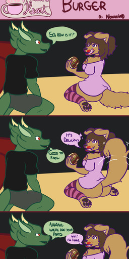anthro big_butt bottomless bubble_butt burger butt clothed clothing female food holding_food holding_object huge_butt legwear male no_underwear open_mouth pawpads raised_tail simple_background smile stockings tail tail_motion tail_under_skirt tail_upskirt tailwag text thick_thighs three_frame_image tongue topwear topwear_only upskirt wide_hips nokamiwd european_mythology mythology july_shepherd_(nokamiwd) kian_donavah_(nokamiwd) canid canine canis domestic_dog dragon mammal mythological_creature mythological_scalie scalie western_dragon absurd_res comic english_text hi_res