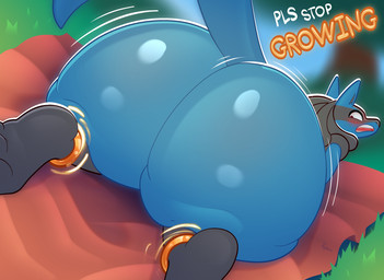 ambiguous_gender anthro aura big_butt blue_body blush butt butt_growth close-up expansion growth huge_butt magic restrained ring solo squeezing text transformation yellow_body sjevi nintendo pokemon generation_4_pokemon lucario mammal pokemon_(species) digital_drawing_(artwork) digital_media_(artwork)