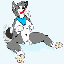 anthro bodily_fluids breasts breath ejaculation feet female fur genital_fluids genitals grey_body hindpaw markings multicolored_body multicolored_fur panting pawpads paws raised_tail solo tail tail_markings vaginal vaginal_fluids vulva piperis may_the_husky canid canine canis domestic_dog husky mammal nordic_sled_dog siberian_husky spitz 1:1 hi_res