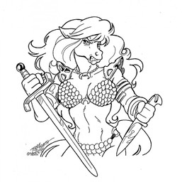 abs angry anthro armband armor bikini bikini_armor breasts chainmail chainmail_bikini cleavage clenched_teeth clothed clothing dagger female glare gloves handwear jewelry melee_weapon navel necklace shoulder_pads solo swimwear sword teeth two-piece_swimsuit unconvincing_armor warrior weapon terrie_smith red_shetland equid equine horse mammal 1994 hi_res monochrome
