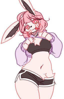 :3 anthro bangs black_bottomwear black_clothing black_crop_top black_nose black_shirt black_shorts black_topwear blep blush blush_lines bottomwear chest_tuft clothed clothing clothing_lift crop_top dolphin_shorts eyelashes female hair hoodie hoodie_lift hotpants inner_ear_fluff looking_at_viewer medium_hair navel pink_hair pupils purple_clothing purple_hoodie purple_topwear red_eyes shirt shorts simple_background solo tongue tongue_out topwear tuft white_background white_pupils kgs701 lagomorph leporid mammal rabbit colored digital_drawing_(artwork) digital_media_(artwork) flat_colors hi_res