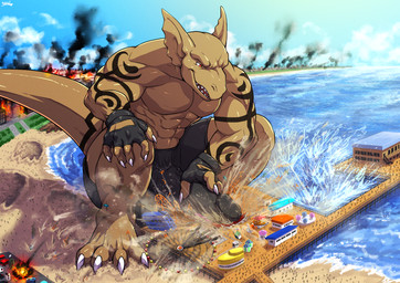 4_toes 5_fingers abs amusement_ride anthro arm_tattoo balls balls_outline beach biceps biped boxer_briefs brown_body building building_destruction bulge city city_background city_crushing city_destruction cityscape claws clothed clothing crouching destruction detailed_background detailed_bulge erection erection_under_briefs erection_under_clothing extreme_size_difference feet ferris_wheel finger_claws fingerless_gloves fingers footprint genital_outline genitals gloves group handwear house macro macro_anthro macro_male male muscular muscular_anthro muscular_male open_mouth outside pawprint paws pecs penile penis penis_outline rampage red_eyes roller_coaster sand sea seaside size_difference sky smashing smile solo_focus stick_figure stomping tail tattoo toe_claws toes underwear water tatugon mythology tephros dragon mythological_creature mythological_scalie scalie digital_media_(artwork) hi_res