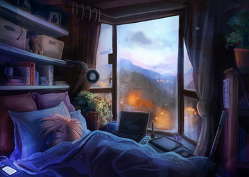 ambiguous_gender anthro baseball_bat bat_(object) bed bed_sheet bedding book box cellphone clock computer container cup curtains detailed_background drawing_tablet electronics eyes_closed folder fur furniture headphones houseplant inside lamp laptop notebook on_bed phone picture_frame pillow plant plushie scissors shelf sky sleeping smartphone solo stylus teddy_bear under_covers watch window jacato canid canine canis domestic_dog mammal 2019 digital_media_(artwork) digital_painting_(artwork) hi_res painting_(artwork) signature