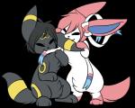 blonde_hair blue_body blue_fur chibi daww duo feral fur grey_body grey_fur grey_hair hair male nom pink_body pink_fur pink_hair simple_background freeze-pop88 nintendo pokemon eeveelution generation_2_pokemon generation_6_pokemon pokemon_(species) sylveon umbreon 5:4 alpha_channel