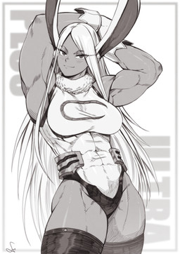 abs bangs biceps breasts clothing cocked_hip eyelashes female hair hands_behind_head legwear leotard long_eyelashes long_hair muscular muscular_female solo thick_thighs thigh_highs speedl00ver my_hero_academia rumi_usagiyama animal_humanoid humanoid lagomorph lagomorph_humanoid leporid_humanoid mammal mammal_humanoid rabbit_humanoid 2023 absurd_res greyscale hi_res monochrome