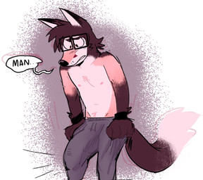 anthro big_penis bottomwear brown_body brown_fur bulge clothed clothing detailed_bulge dialogue down_the_leg_bulge erection eyewear fur genital_outline genitals glasses male pants partially_clothed penis penis_outline rectangular_glasses shirtless solo speech_bubble tail text purplecider wallace_(purplecider) canid canine mammal english_text
