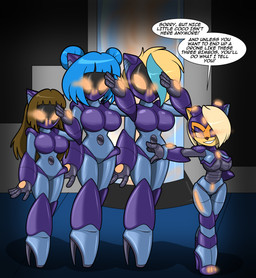 anthro big_breasts blonde_hair blue_hair bodysuit boots breasts brown_hair clothing corruption curvy_figure dialogue drone female footwear gesture glowing glowing_eyes group hair high_heeled_boots high_heels long_hair mask mind_control multicolored_hair salute shoes skinsuit speech_bubble text tight_clothing two_tone_hair wearing_mask chaoscroc activision crash_bandicoot_(series) coco_bandicoot megumi_bandicoot pirate_tawna bandicoot mammal marsupial 2026 english_text hi_res