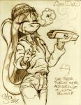 anthro bottomwear clothed clothing english_text female food hair hat headgear headwear hoodie king-cheetah lizard long_hair monochrome pants reptile scalie simple_background sketch smile solo spots standing teela_smothers text topwear white_background