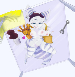 against_surface anthro beverage breasts breasts_on_glass claws ear_piercing ear_ring eyewear female fur furniture glass_table goggles hand_on_glass lick_lips licking licking_lips looking_at_viewer markings nipples nude nude_female on_glass on_glass_surface on_table piercing prosthetic prosthetic_limb ring_piercing robotic_hand robotic_limb scarf silly_face solo spilled_drink spread_legs spreading striped_body striped_ears striped_fur striped_markings striped_tail stripes table tail tail_markings tea thighs_on_glass toe_claws tongue tongue_out tools translucent_furniture translucent_table white_body white_fur wrench t-27_(sova) ratchet_and_clank sony_corporation sony_interactive_entertainment rivet_(ratchet_and_clank) lombax mammal absurd_res hi_res