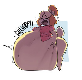 aloha_shirt anthro belly big_belly clothing digestion digestion_noises duo female huge_belly hyper hyper_belly pattern_clothing pattern_shirt pattern_topwear shirt struggling struggling_prey topwear vore yellow_body aplefrit animal_crossing nintendo isabelle_(animal_crossing) canid canine humanoid mammal 2026 digital_media_(artwork)