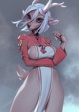 anthro antlers arm_under_breasts blue_eyes breasts cheek_piercing clothed clothing eyelashes female front_view fur glistening glistening_eyes hair horn inner_ear_fluff looking_at_viewer mouth_closed piercing red_clothing red_topwear simple_background solo standing tan_body tan_breasts tan_fur topwear tuft unsigned white_antlers white_clothing white_hair white_inner_ear_fluff shermugi deer mammal 2021 hi_res portrait three-quarter_portrait