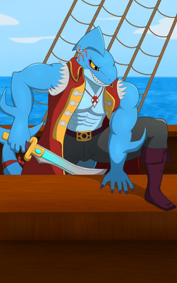 abs anthro belt biceps biped boots bottomwear bulge clothing coat footwear front_view male male_anthro markings melee_weapon muscular muscular_anthro muscular_male pants pecs piercing sea shipwreck shoes smile smirk solo sword topwear water weapon yellow_eyes drakorg rivals_of_aether slade_(dungeons_of_aether) aquatic fish shark absurd_res hi_res