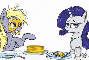 blonde_hair blue_eyes cutlery duo eye_roll female feral food fork glass hair horn jewelry kitchen_utensils mask messy_hair milk necklace pancake plate simple_background tools white_background yellow_eyes madhotaru friendship_is_magic hasbro my_little_pony mythology derpy_hooves_(mlp) rarity_(mlp) equid equine mammal mythological_creature mythological_equine unicorn 2013