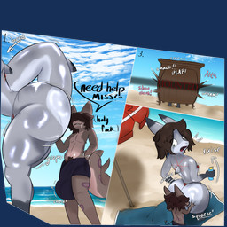 ambiguous_gender anthro beach big_bulge big_butt bikini brown_body brown_hair bulge butt butt_grab clothing day detailed_bulge duo genital_outline glistening glistening_body glistening_butt green_eyes grey_body hair hand_on_butt larger_sub male male/male penis_outline sharp_teeth size_difference small_but_hung smaller_male smile sound_effects submissive swimming_trunks swimwear teeth text thick_thighs two-piece_swimsuit wide_hips goofer aquatic fish shark 1:1 absurd_res alpha_channel hi_res