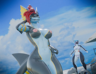 anthro beach bikini blue_hair breasts clothing cloud duo female hair long_ears markings medium_breasts multicolored_body navel nipples non-mammal_breasts non-mammal_navel non-mammal_nipples orange_eyes posing_for_picture red_hair sand sharp_teeth sky striped_markings stripes surprised swimwear teeth two-piece_swimsuit two_tone_body water wet yellow_eyes snoople valorlynz_(modeler) mirova_(cilenomon) zea_nalya aquatic cetacean dolphin fish mammal oceanic_dolphin orca pinniped seal shark toothed_whale 3d_(artwork) absurd_res digital_media_(artwork) hi_res